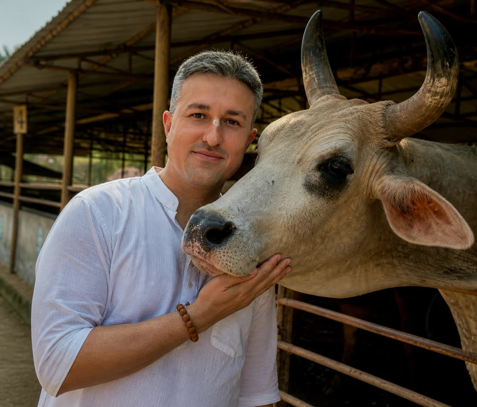 Jayananda, founder of Gopa, with a cow at a partner goshala (gaushala) in India
